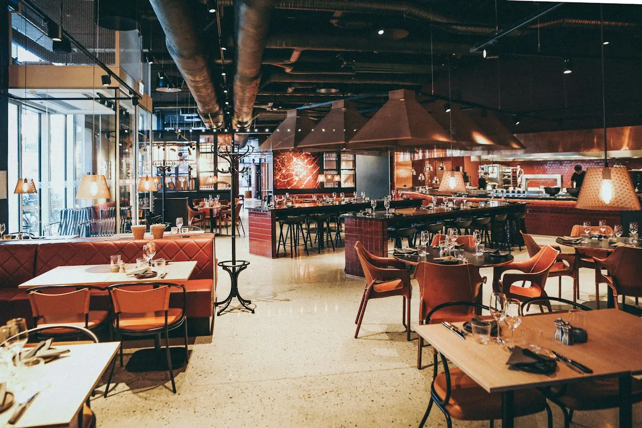 The dining room filled with warm light