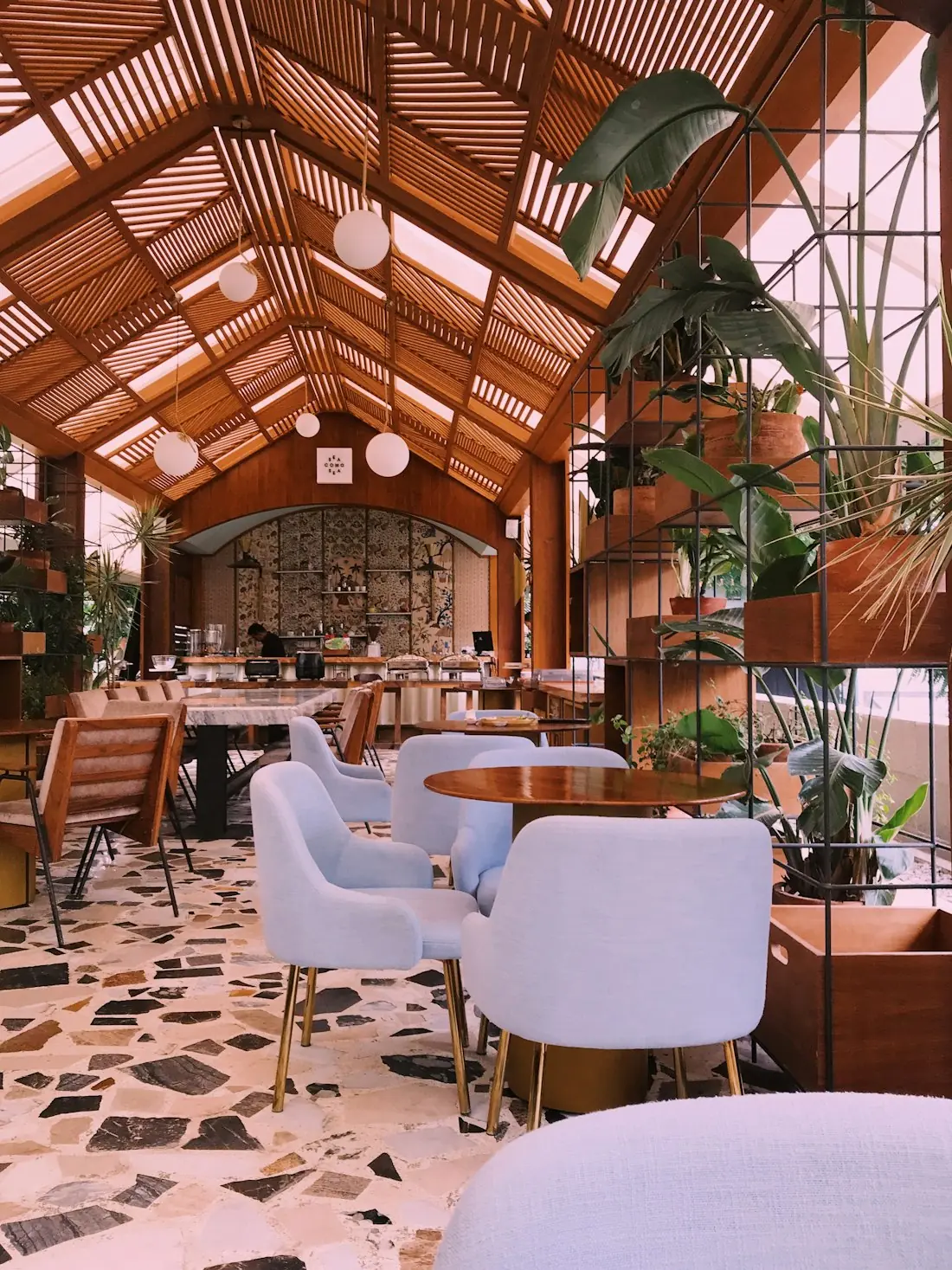 Bright dining area with plants