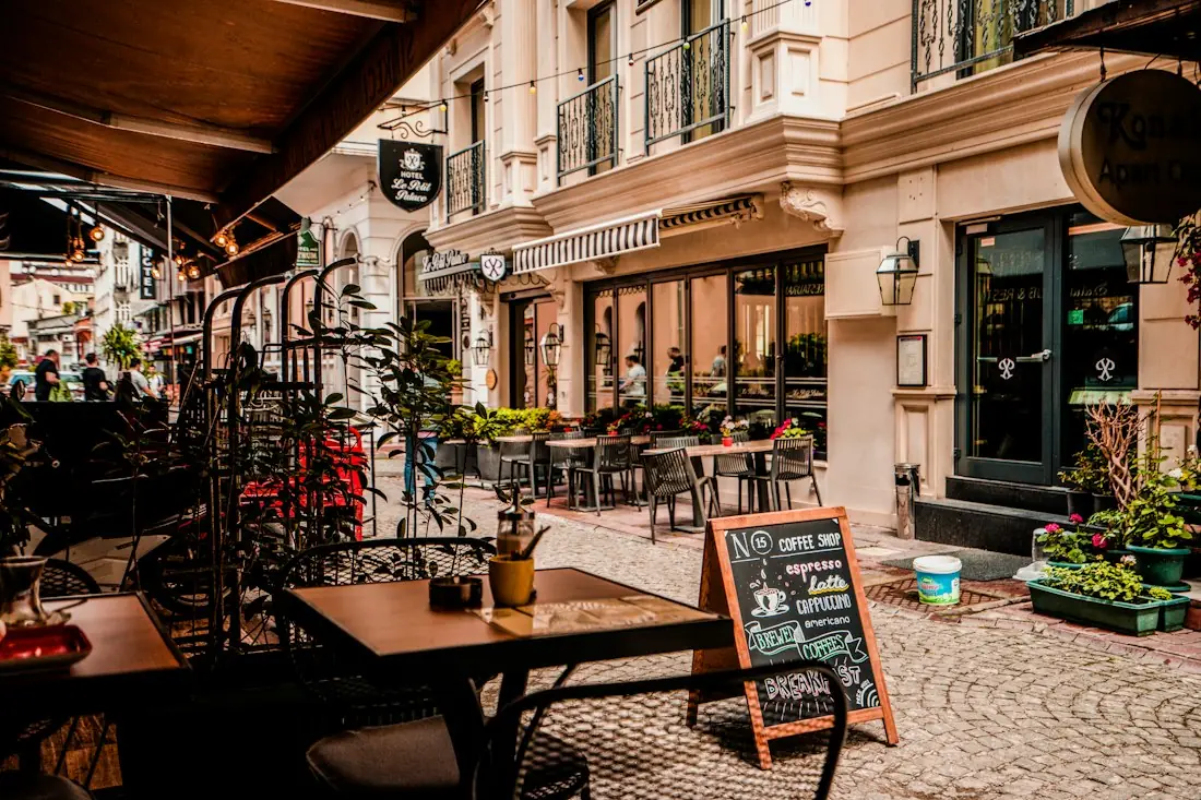 Outdoor seating on a lively street
